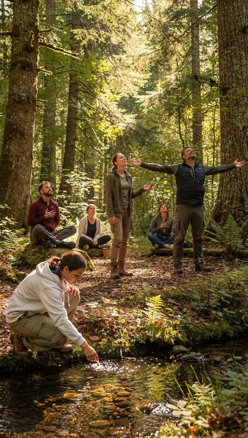 Teilnehmer eines Waldbades, die entspannt auf Moosbänken sitzen und die Natur genießen